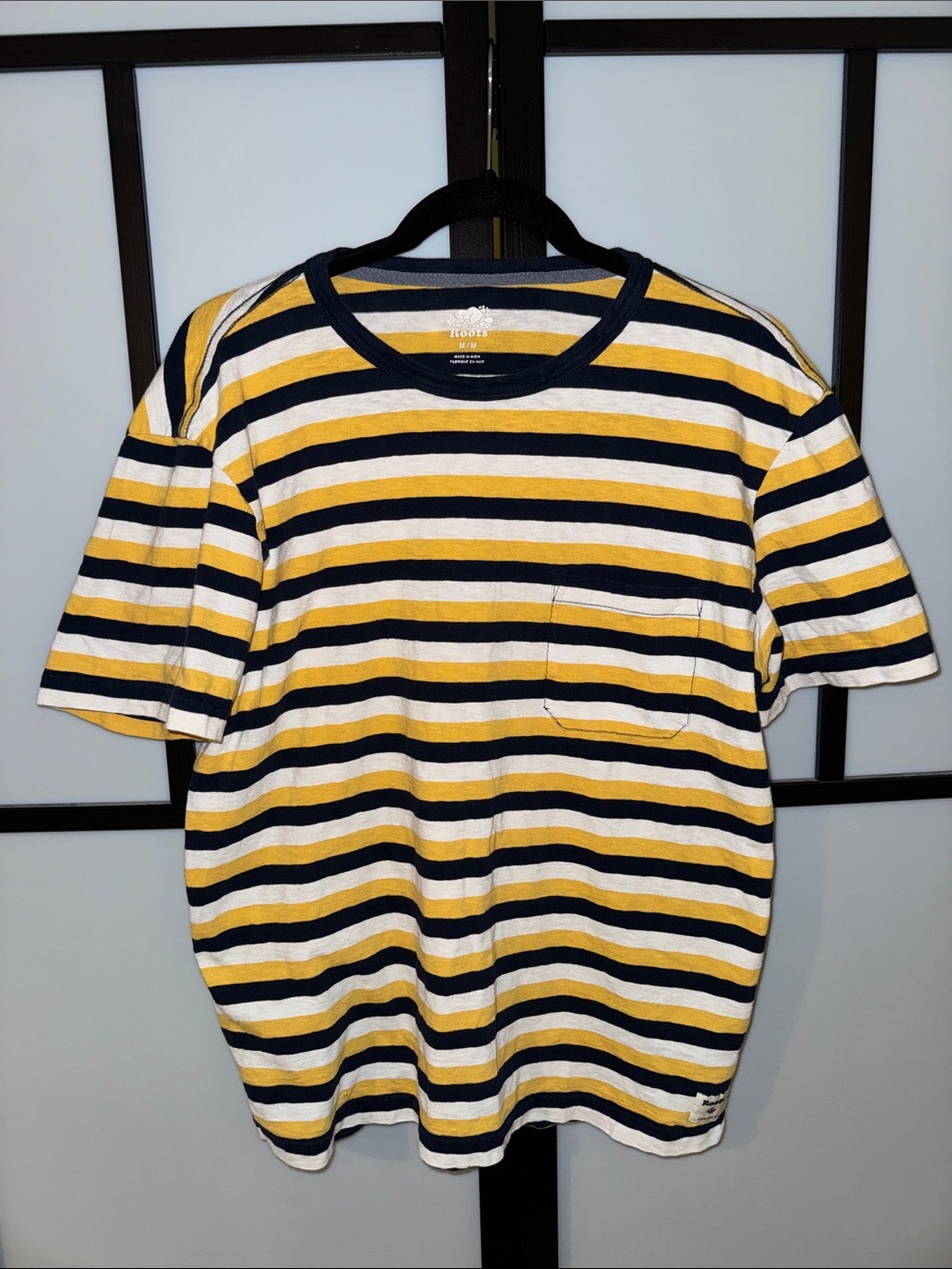 Men’s Roots Yellow White & Navy Striped Crewneck Tee - Size M